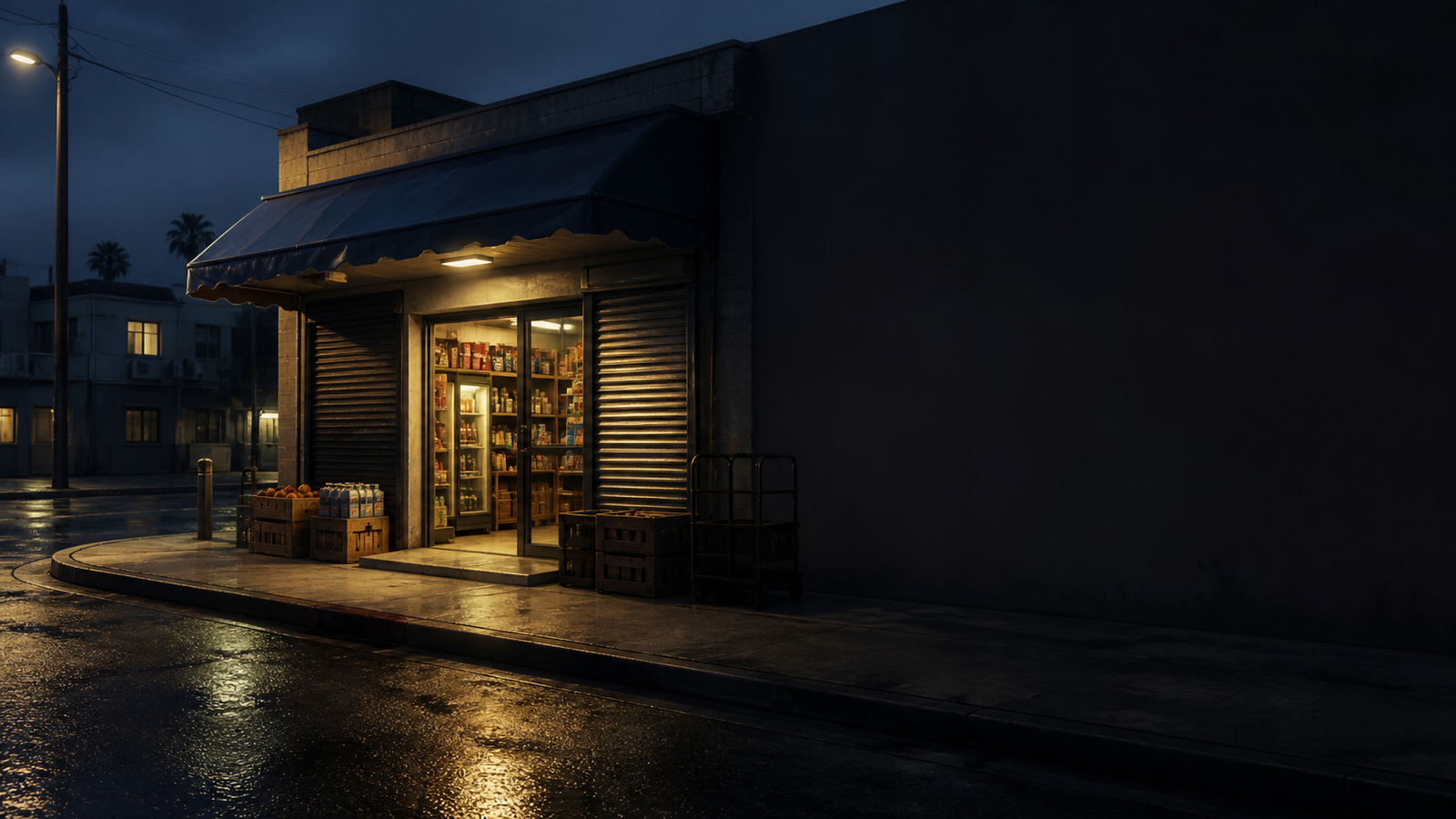 Warm neighborhood shop on a wet city street
