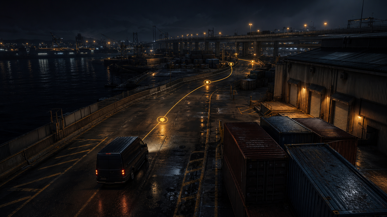 Industrial waterfront trade route at night