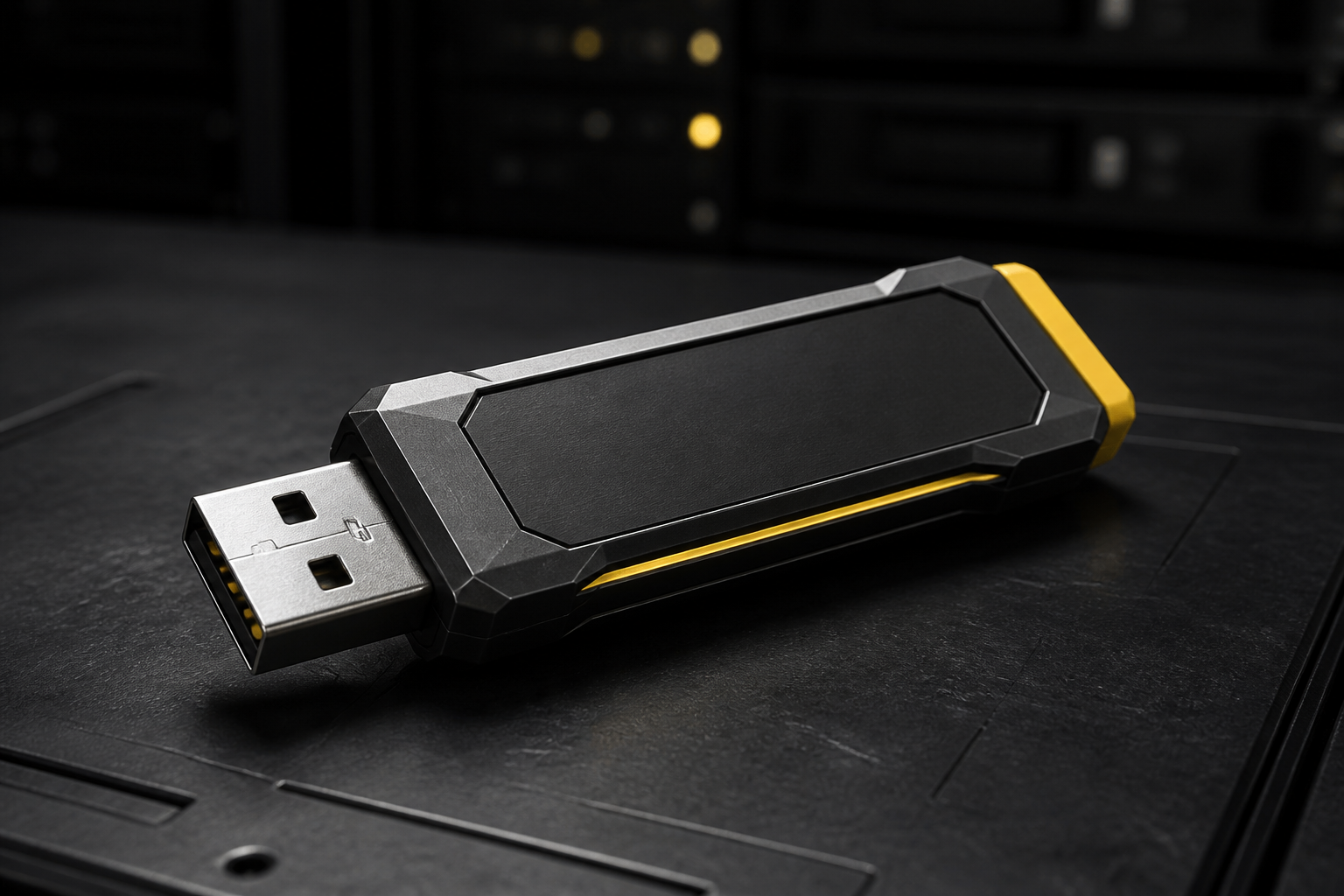 Concept artwork of a black and yellow data key