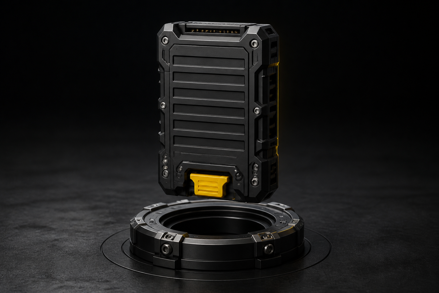 Concept artwork of a modular black and yellow data cartridge