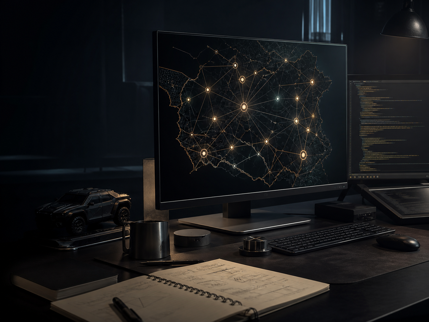 LEGEND CAVE studio workspace with connected systems on screen